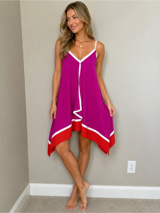 TCEC Dresses & Skirts - TCEC Magenta and Red Handkerchief Hem Slip Dress with White Trim Sz Sm
